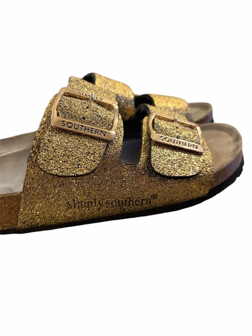 Simply Sourhern Gold Glitter Double-Buckle Slide Sandals Size 7